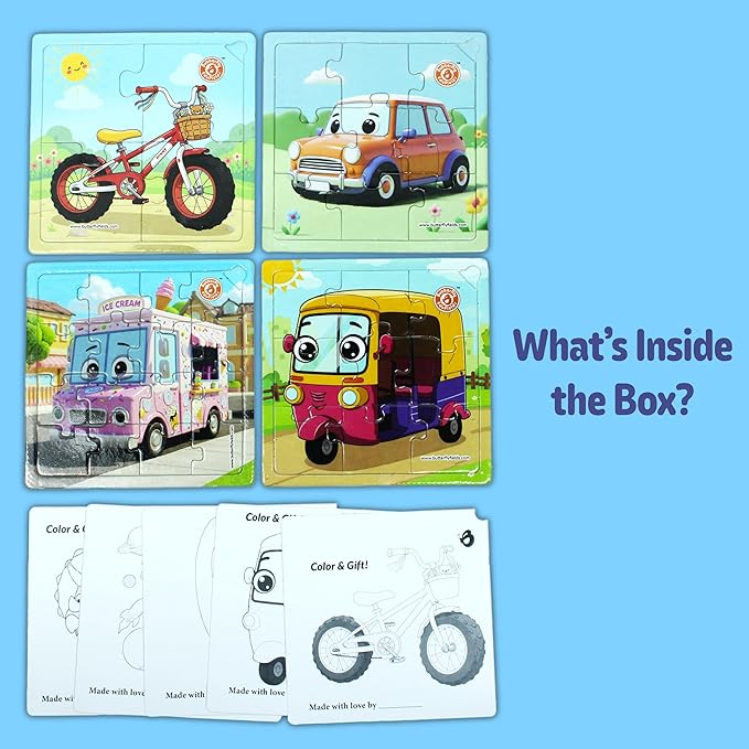 Butterfly EduFields 4-in-1 Vehicles Jigsaw Puzzle Set for Kids Age 3-7 | 38 Pcs Brain-Boosting Puzzle Toy with Coloring Worksheets for Boys & Girls | Preschool Learning