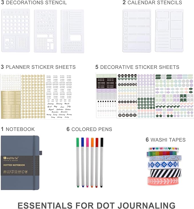 &And Per Se Dotted Journal Notebook Set, A5 Hardcover Dotted Journal (Dark Blue), 6 Fineliner Pens, 8 Sticker, 5 Stencil Sheets & 6 Washi Tapes, Journaling Supplies for Planner Schedule
