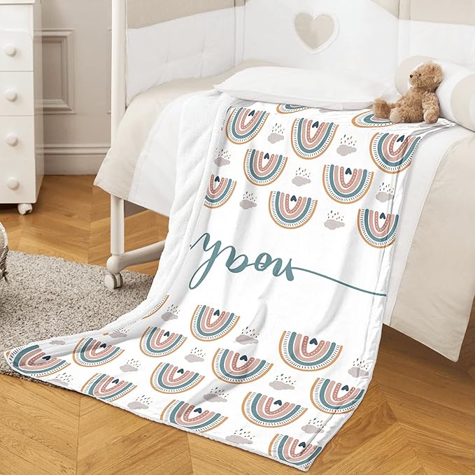 Custom Baby Name Blanket, Personalized Baby Blanket with Boho Rainbow and Hearts, Customized Shower Gift for Girls, Christmas Birthday Expecting Mom Gift for Baby Girls