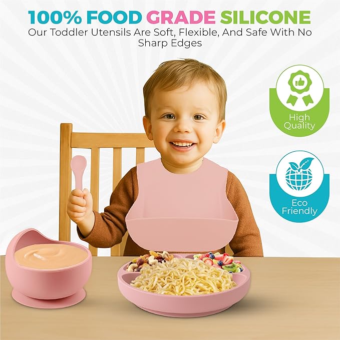 SiliFun 8-Piece Silicone Baby Feeding Set – Complete Infant Mealtime Kit with Suction Bowl, Divided Plate, Bib, Spoon, Fork & Cup – BPA-Free, Dishwasher Safe – Gift-Ready in Premium Branded Packaging