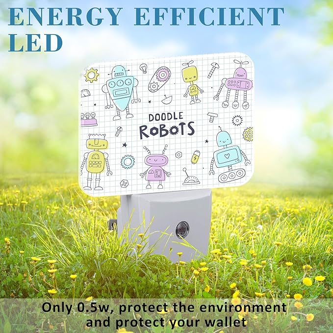 Doodle Cute Robots Night Light for Kids Girls Boys, Funny Robots LED Night Light Plug into Wall with Dusk to Dawn Sensor for Bedroom, Hallway, Kitchen, Bathroom, Stairs Decor