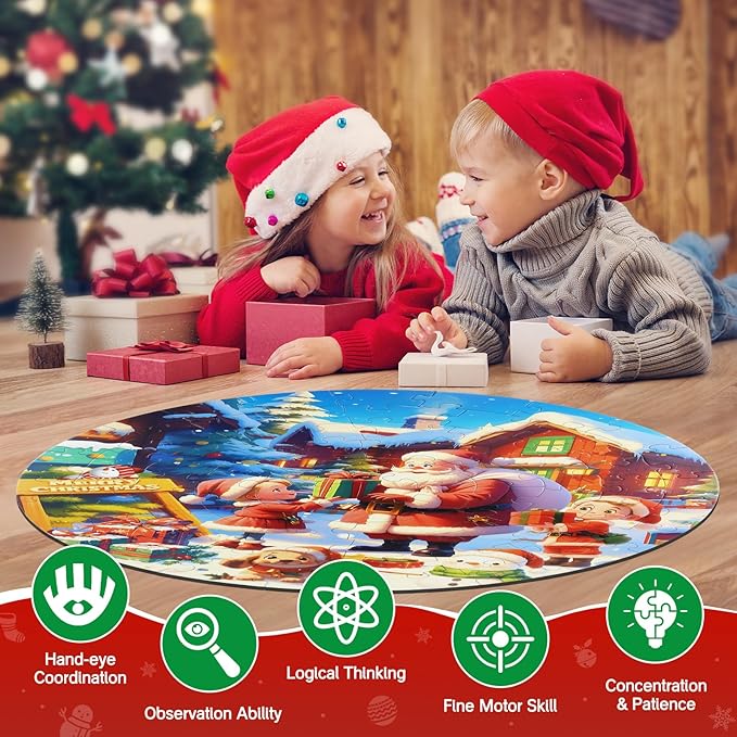 Christmas Puzzles for Kids Ages 4-6, Large Round Floor Puzzles with Santa Claus & Snowman, 70 Piece Jigsaw Puzzles for Boys & Girls Aged 3-8, Educational Toy Gift