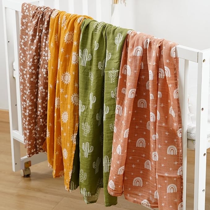 4 Set Muslin Swaddle Blankets for Newborn Baby Boys, Girls,Receiving Blankets-Cute Soft Print Baby Towel Wrap 120x110cm Baby(Cactus)