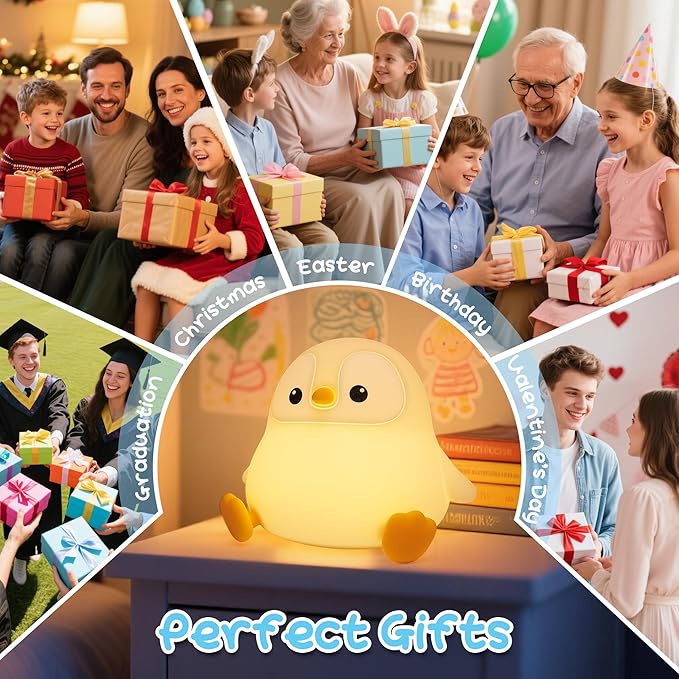 Penguin Night Light, Pudgy Penguins Squishy Nightlight for Kids, LED Silicone Night Lamp with Dimmable & 20 Auto-Off, Nursery Nightlight Stuff for Boys Girls Women