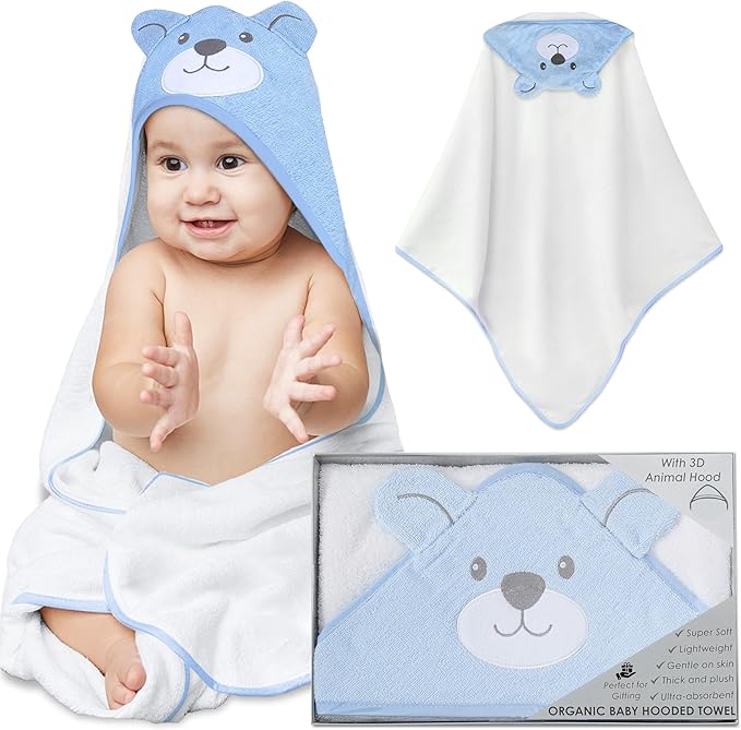 Mother's Choice Organic Baby Hooded Towel - Large Size, Cotton, Ultra-Soft & Absorbent Bath Towel for Newborns, Infants, Toddlers, Boys & Girls with Animal Hood (Blue Bear)