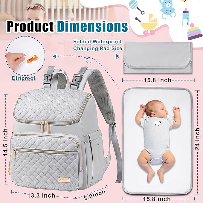 Weitars Diaper Bag Backpack Large Baby Diaper Bag with Changing Pad Travel Diaper Backpack,Baby Bag for Boys Girls,Stroller Straps,5 Insulated Pockets (Gray)