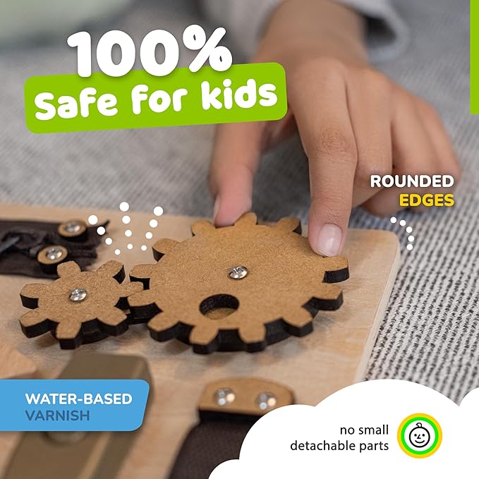 deMoca Sensory Busy Board for Toddlers, Premium Wooden Toddler Busy Board for 1 2 3 Year Old with 10 Educational Activities for Fine Motor Skills, Fidget Activity Toy for Travel Toy (Nature - Large)