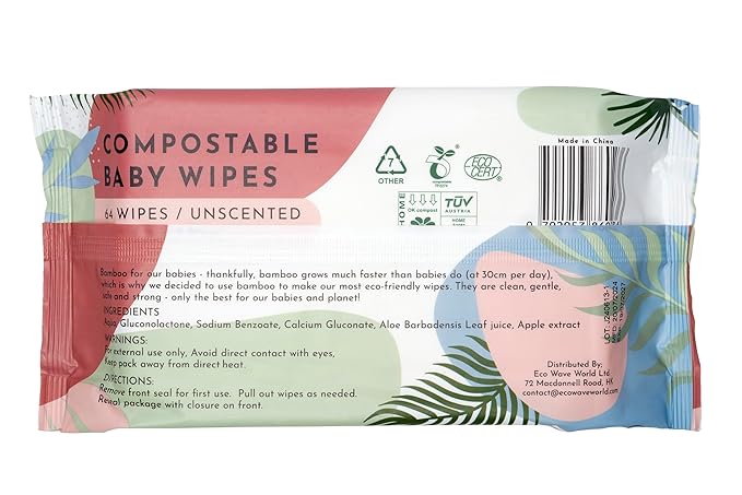 Eco Wave Baby Wipes, 100% Compostable Eco-Friendly Bamboo Wipes, Unscented, Hypoallergenic, Vegan, Alcohol-Free, Suitable For Sensitive Skin (Pack of 12)