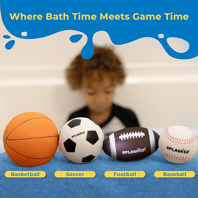 SplashEZ Baby Sports Bath Toys | Mold Free Bath Toys for Kids & Toddlers with No Hole for Water | Balls Set Ideal Size for Little Hands | Safe, Durable for Baby Tub Pool Fun for Boys Girls Ages 0 & Up