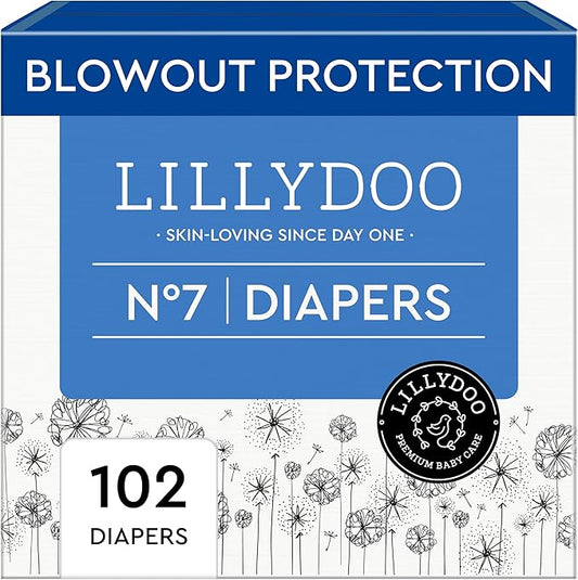 LILLYDOO Baby Diapers - Size 7 (33+ lbs), Monthly Supply (102 Count), Leak Protection, Skin-Friendly, Ultrasoft, Perfume- & Chlorine-Free, Hypoallergenic, Dermatologist Tested, Oeko-TEX®