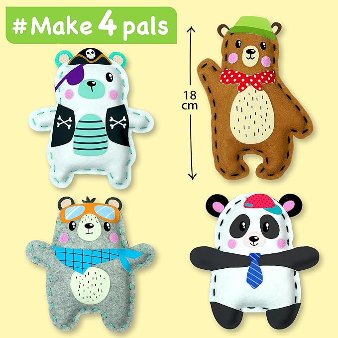 EZCRA Easy Arts and Crafts for Kids - No Mess Sewing Kit for Kids - 4 Easy to Do Bear Sewing Projects - Fun Felt Stickers - Tools with Instruction - Gifts for Boys and Girls Age 4,5,6,7,8