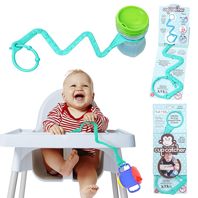 Brilli Baby Cup Catcher Patented Safety Tether Strap, Attach Sippy Cups, Bottles, Pacifiers & More to Stroller, High Chair, Car Seat, Made in USA, Food Grade, Dishwasher Safe (Aqua)