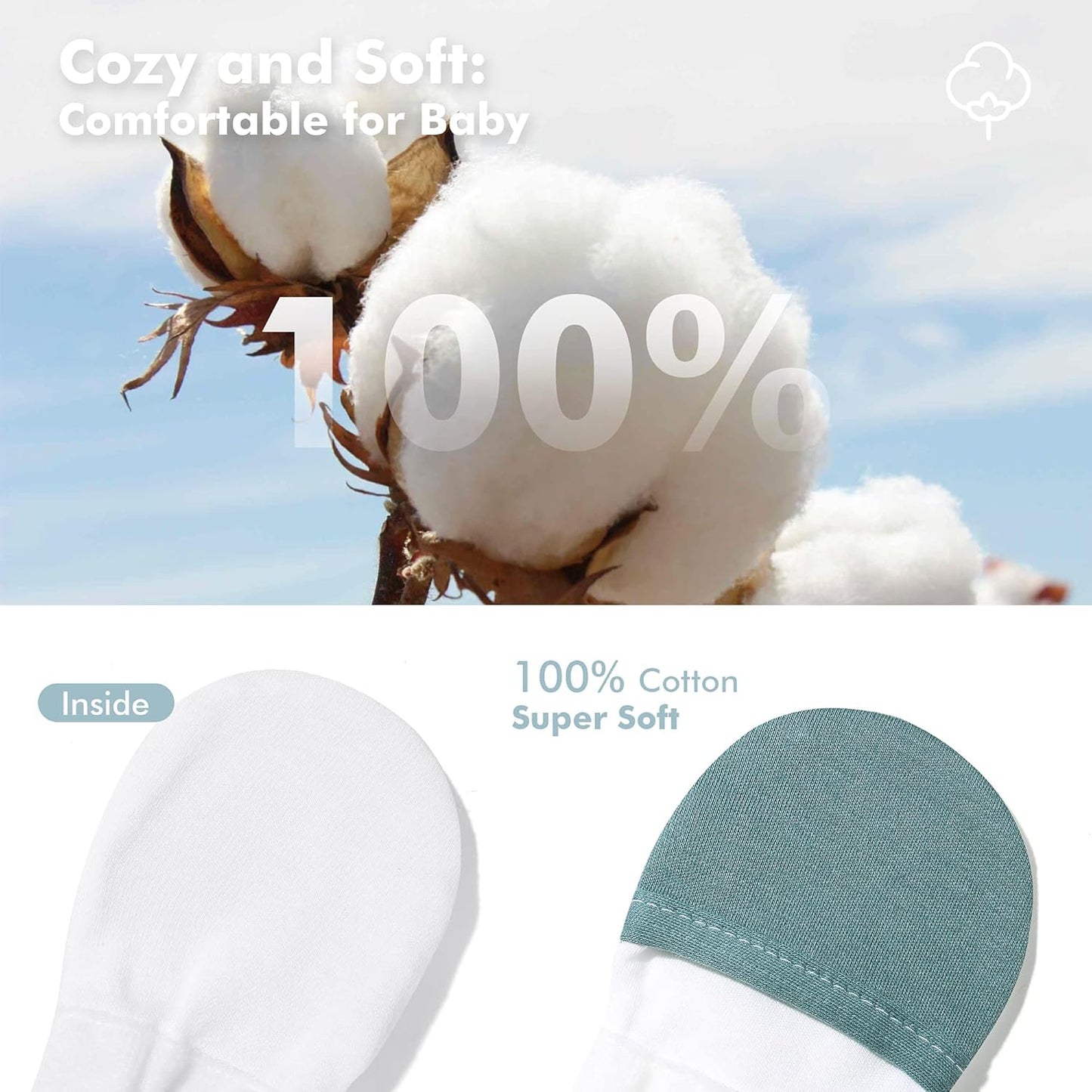 HAPIU Baby No Scratch Mittens Stay On, 100% Cotton Breathable, Adjustable Infant Gloves for Boys Girls, Newborn - 12 M