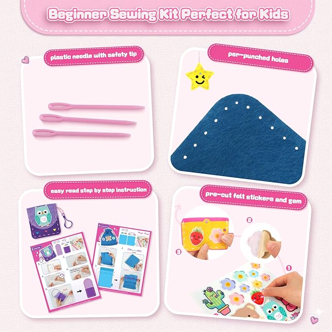 Sewing Kit for Kids, Arts & Crafts for Kids Ages 4-8,Craft Box 10 Felt DIY Projects of Stuffed Animal Dolls and Plush Pillow, Crafts Activities Gift for Girls Boys Age 6 7 8 9 10 11 12 Years Old