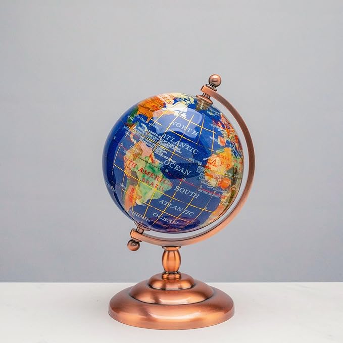 KALIFANO 7” Tall Gemstone Globe with Vibrant Polished Lapis Ocean and Mosaic Crystal Continents - World Globe with Metal Stand for Office & Home Décor