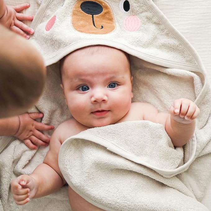 CuddleBug Hooded Baby Bath Towel & Washcloth Set (Bear) - 100% Cotton Terrycloth Hooded Baby Towels for Newborn & Toddler, Super-Soft & Ultra-Absorbent, Newborn Essentials (30" x 30") - Honey Beige