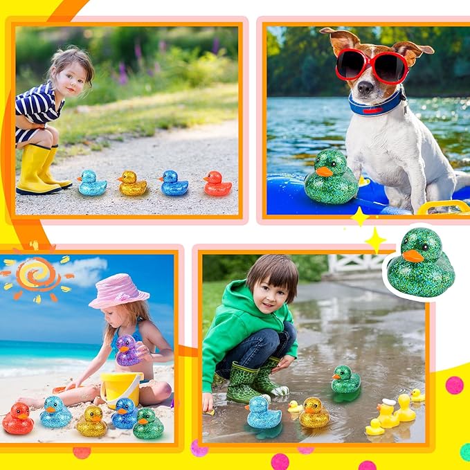 Deekin 6 Pcs 3.54 Inch Glitter Rubber Duck Assortment Toy Duckies Bulk Squeak Rubber Duckies for Kid Baby Bath Shower Pool Classroom Summer Beach Activity