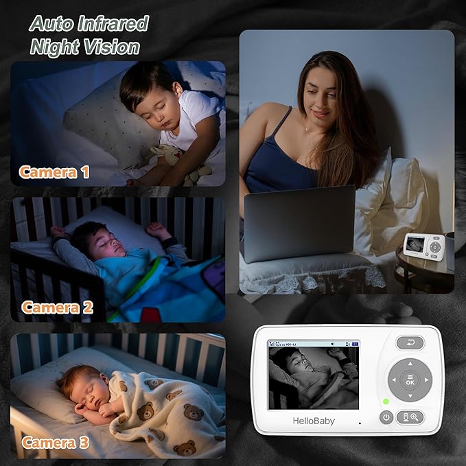 HelloBaby Monitor with 3 Cameras, 2.4'' Portable Travel Screen Baby Monitor No WiFi, 1000ft Long Range Video Baby Monitor, Night Vision, VOX Mode-Power Saving, Baby Safety Camera,for Baby/Pet/Elder