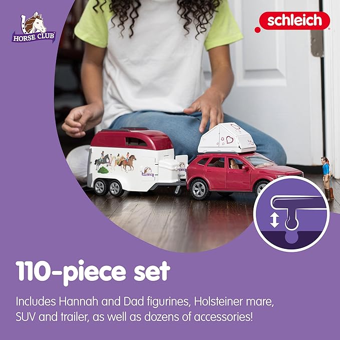 Schleich Horse Club - 110 PC Car and Trailer Tent Camping Playset with Fun Horse and Rider Figures for Girls and Boys - Realistic Toy Figurines and Accessories for Kids Ages 5+ | 42535
