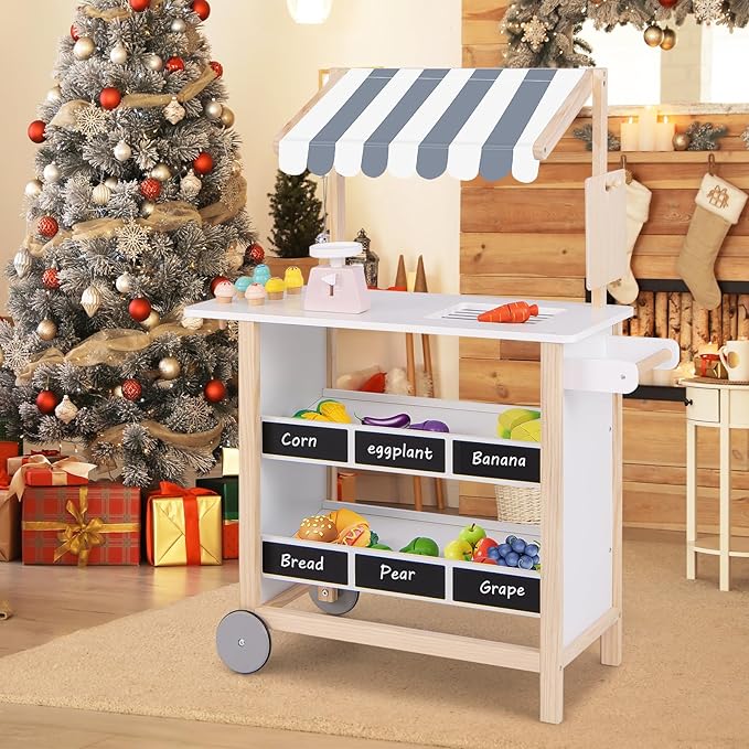HONEY JOY Kids Ice Cream Cart, Wooden Grocery Store Playset w/6 Pieces Play Food, Realistic Bell & Food Scale, Chalkboard, Pretend Play Dessert Shop Counter Stand Truck, Gift for Boys Girls