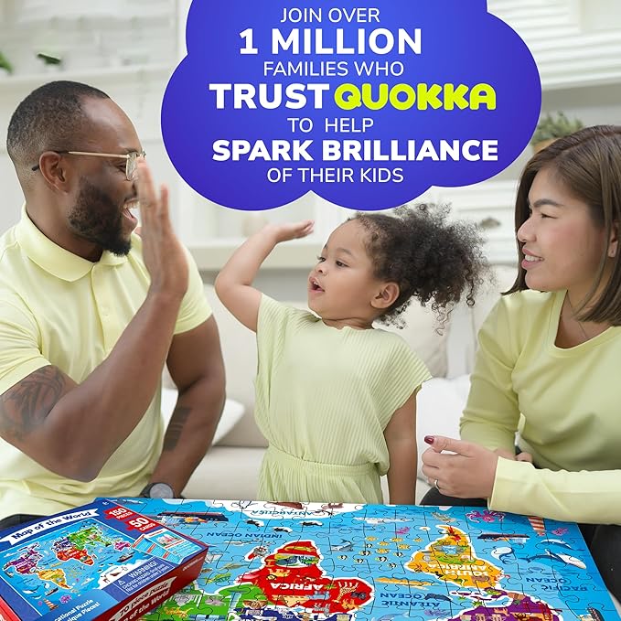 QUOKKA Puzzles for Kids Ages 4-6 - 150 Pcs Floor Puzzles World Map for Kids Ages 4-8 Preschool Activities - Includes 50 Cards with 400+ World Facts - Continent-Shaped Jigsaw Puzzle Gift for Girls Boys