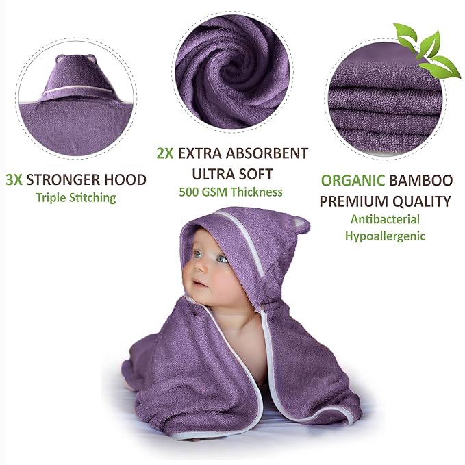 Premium Baby Bath Towel - Rayon Made from Bamboo Hooded Baby Towels - Newborn Baby Towel with Hood - Large Hooded Towel for Newborn Infant Boy Girl (Purple)