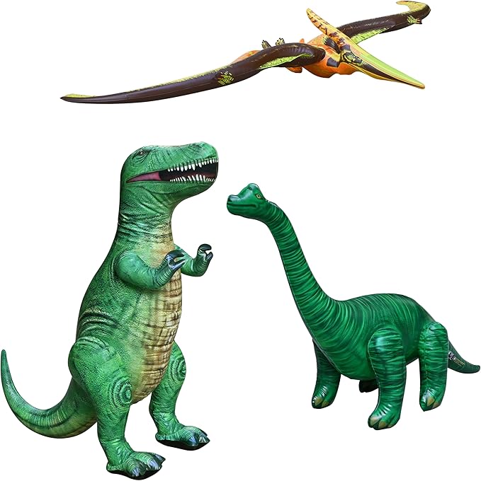 Jet Creations Inflatable Dinosaur 3-Pack – T-Rex (37"), Brachiosaurus (28"), Pteranodon (57") – Prehistoric Animal Toys for Kids & Adults, Jurassic Decor, Pool Fun, Party Display & Photo Props