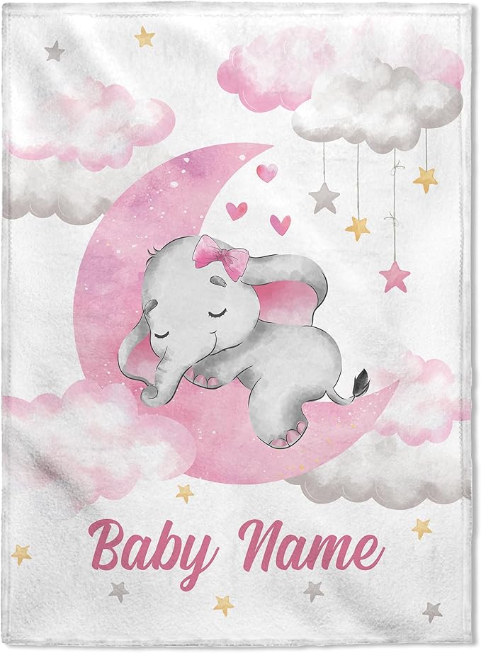 FLOCHIL Personalized Baby Blankets, Custom Baby Blanket - Baby Blanket with Name for Girls, Best Gift for Newborn Elephants Plush Fleece (30x40)