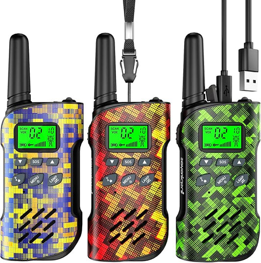 Walkie Talkies for Kids Rechargeable,Toys for Boys and Girls Ages 3-12, 3 Pack Long Range 2-Way Radios, Birthday Gifts,Christmas Stockings, Outdoor Play, Family Games, Hiking Camping Gear