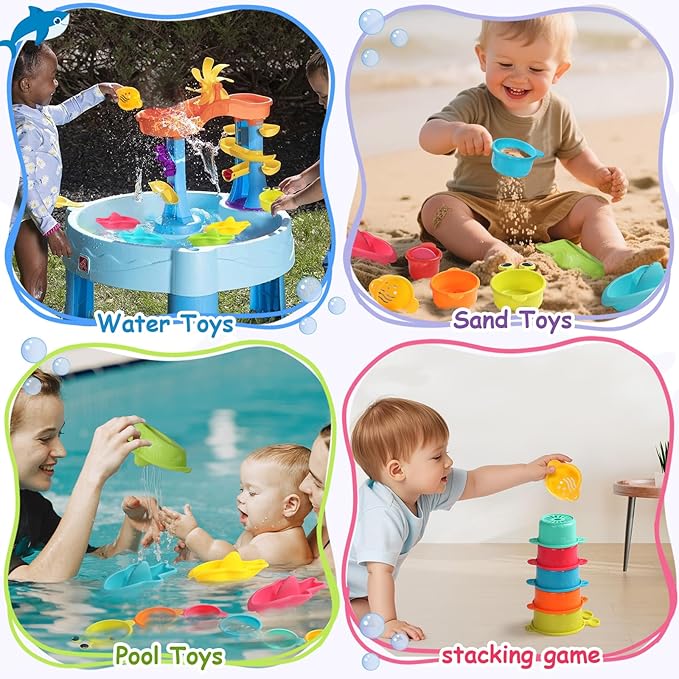 11 PCS Toddler Bath Toys for Kids Ages 1-3 Baby Shower Toys Mold Free Bathtub Toys for 12-18 Months Pool Water Table Sand Toys Stacking Cups & Floating Boats for Kids 2-4 Christmas Stocking Stuffers