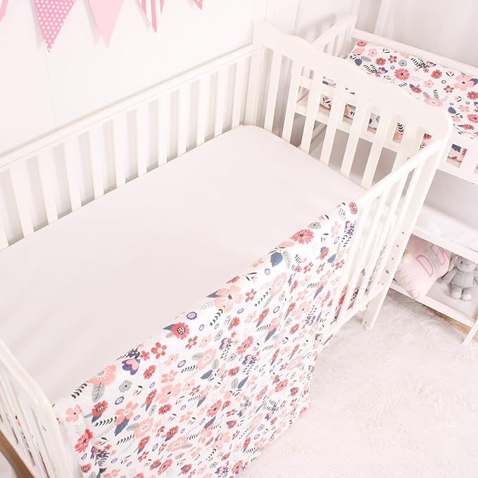 CaSaJa 4-Piece Crib Bedding Set for Boys and Girls, Nursery Baby Bedding Set Including Quilted Comforter with Fitted Crib Sheet and Changing Pad Covers, Reversible Quilt Design, Petals Flying