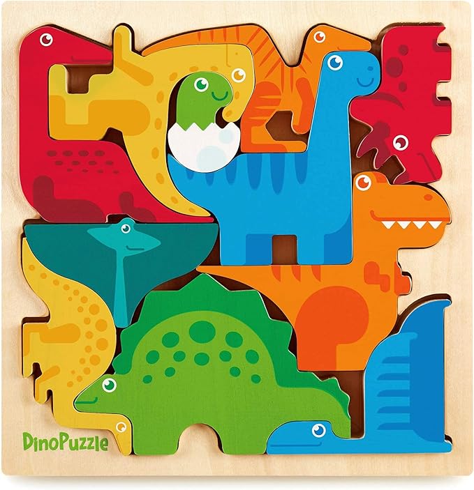Dinosaur Puzzles for Kids Ages 3-5 – 3D Wooden Jigsaw Puzzle for Toddlers & Kids, 9”x 9” Tray, Bright Colorful Shape Sorting, Promotes Creativity & Learning, Non-Toxic Gift Toy