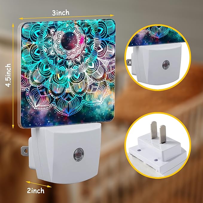 Galaxy Colorful Mandala Night Light Plug Wall,LED Night Lights with Dusk to Dawn Light Sensor for Women Girls Boys Room Decor,Hallway,Kitchen,Bathroom,Nursery,Stairs