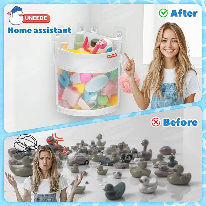 UNEEDE 3.5 Gallons Corner Mounted Versatile Bath Toy Organizer, Mesh Shower Caddy for Bathtub Toy Organizer and Storage, Quick Dry Bath Toy Holder