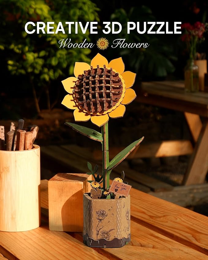 3D Flower Wooden Puzzles for Adults-Sunflower, DIY Wooden Flowers Model Kit Building Set Crafts for Adults to Build, Botanical Collection/Ideal Creative Gift Ideas/Housewarming (86PCS)