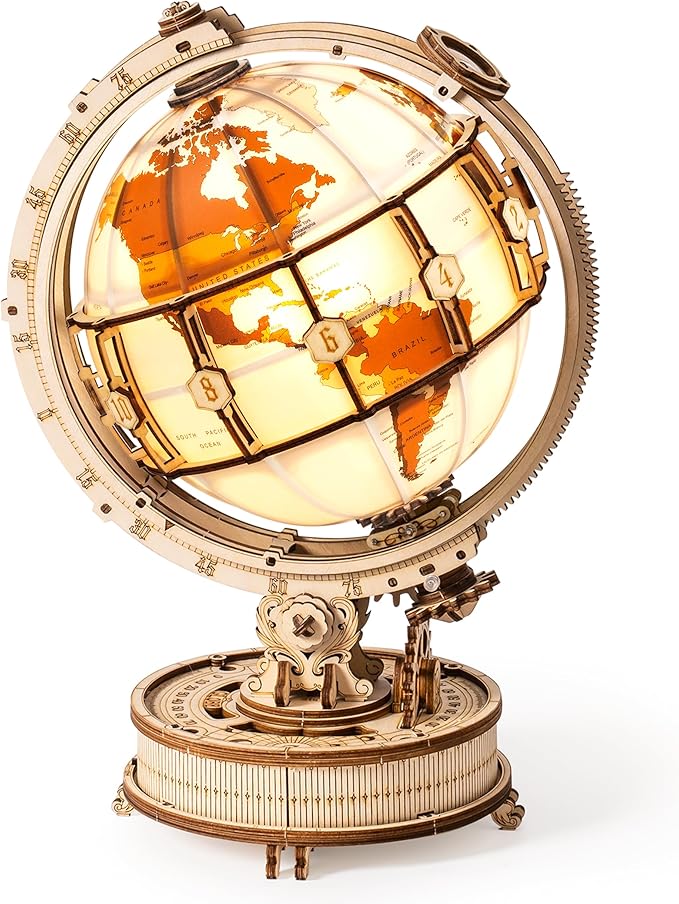 ROBOTIME ST003 Luminous Globe - Wooden 3D Puzzles for Adults with LED Light - Globe Model Building Kit for Teens & Adults