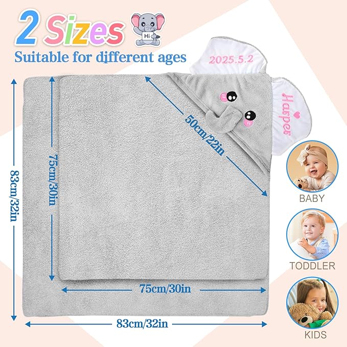 Custom Hooded Baby Towel with Name, Personalized Soft Absorbent Elephant Bath Towel, Shower Towels for Girls Boys, Easter Brithday for Kids Baby, Toddler, Newborn Essential