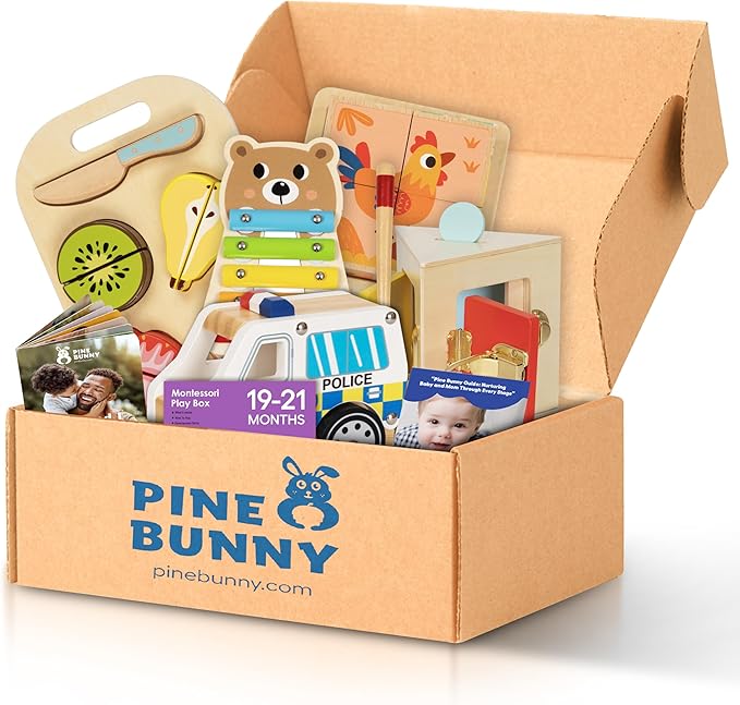 Pine Bunny Montessori Wooden 10-in-1 Toy Set for 19+ Months, Police Car, Triangular Lockbox, Cutting Fruits, Farm Cube Puzzle, Bear Xylophone, Educational Learning Problem Solving Music Toddler Toys
