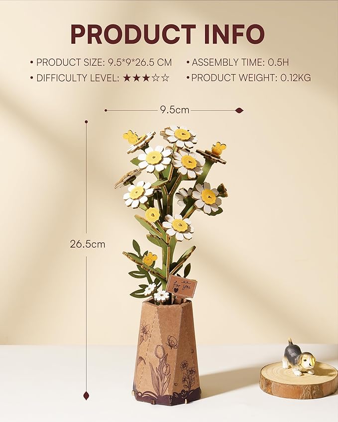 3D Flower Wooden Puzzles for Adults-Chamomile, DIY Wooden Flowers Model Kit Building Set Crafts for Adults to Build, Botanical Collection/Ideal Creative Gift Ideas/Housewarming (101PCS)