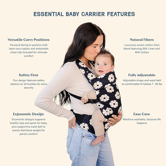 Ava & Oliver Essential Baby Carrier – Ergonomic, Hip-Healthy Soft Structured Carrier for Infants & Toddlers (7–35lbs) - Front and Back Carry, Breathable Fabric, Stylish & Lightweight (Black Floral)
