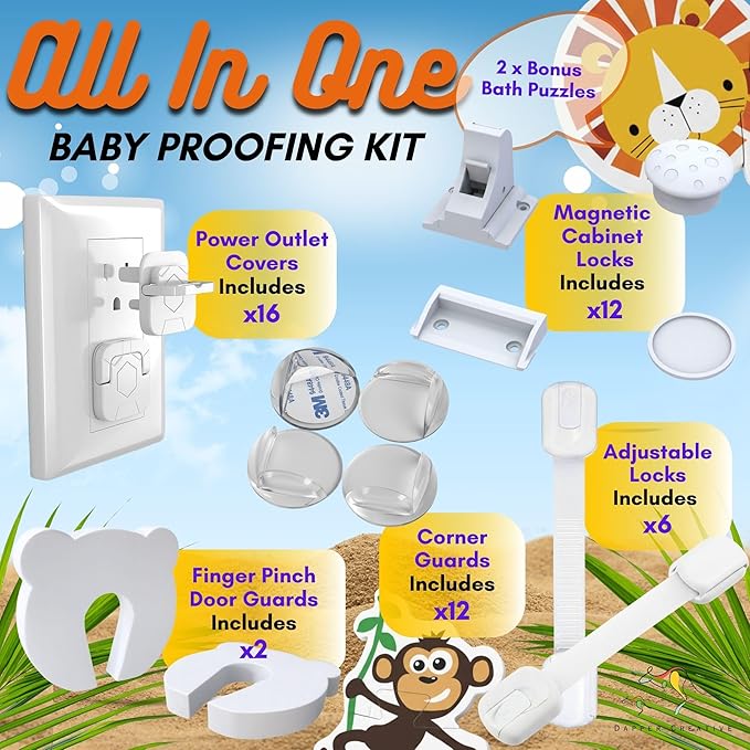 Baby Proofing Kit 67pcs All in One Includes Magnetic Cabinet Locks for Baby Proofing, Corner Bumper Protectors, Child Safety Strap Locks, Power Point Outlet Covers, Finger Pinch Guards & Bath Toys