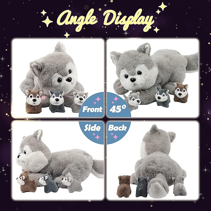 Hopearl LED Plush Husky Lighting Up Stuffed Mommy Dog with 3 Baby Puppies in her Tummy Stuffed Animal Playset Night Lights Glow in The Dark Gifts for Mom Toddler Boys Girls, Gray, 17''