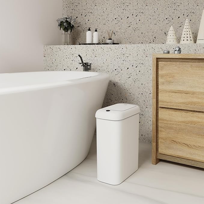 EKO Automatic Bathroom Trash Can with Lid, 2.6 Gallon Slim Touchless Garbage Can, Waterproof Motion Sensor Trash Bin for Bathroom, Office, Kitchen, White