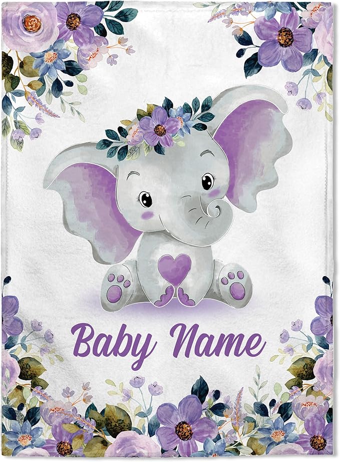 FLOCHIL Personalized Baby Blankets, Custom Baby Blanket - Baby Blanket with Name for Girls, Best Gift for Newborn Elephants Plush Fleece (30x40)