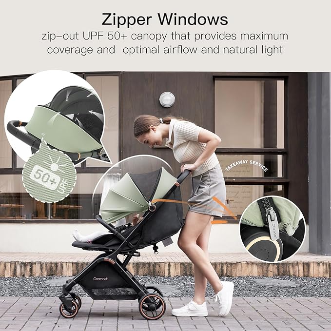 Gravity Folding Baby Stroller - Portable Travel Toddler Stroller w/Adjustable Backrest & Canopy, Cup Holder, Lightweight and UV Protected, One-Hand Automatic Folding - Green