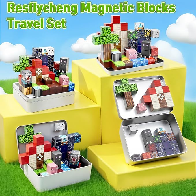 70PCS Magnetic Building Blocks Travel Toys for Kids Ages 4-8, Forest Portal Mini Magnetic Blocks with Iron Case, Portable Magnet Cubes STEM Learning Set for Toddler Boys Girls Ages 3+