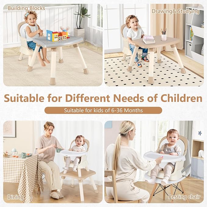 INFANS 8 in 1 Baby High Chair, Convertible Highchair for Babies and Toddlers, Infant Dining Booster Seat, Building Block Table, Kids Stool Table Chair Set with Removable Tray (8 in 1, Light Brown)