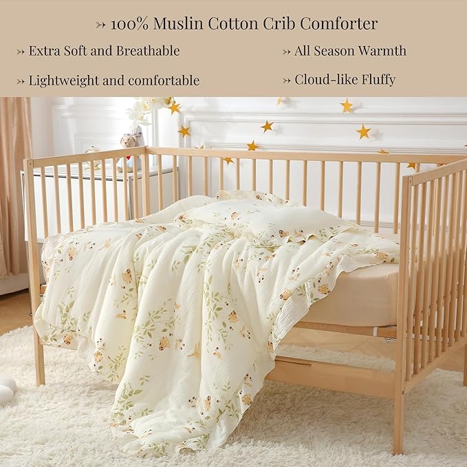 100% Cotton Muslin Crib Comforter/Quilt,Ultra Soft Cozy Reversible Baby Blanket,All Season Toddler Blankets for Boys and Girls, Machine Washable,41"x48"