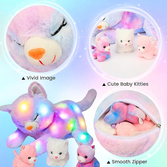 Hopearl LED Plush Cat Lighting Up Stuffed Mommy Cat with 3 Baby Kittens in her Tummy Stuffed Animal Playset Night Lights Glow in The Dark for Mom Kids Toddler Girls, Rainbow, 18''