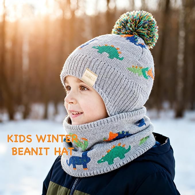 Beanie Knit Hats for Toddlers with Earflap Fleece Lined Hat Kids Warm Winter Hat Scarf Set Children's Thick Ski Cap